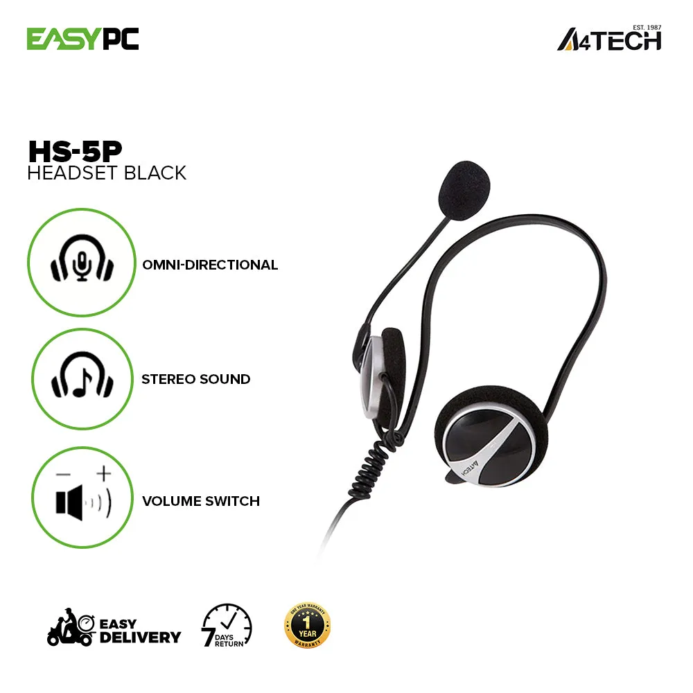 A4Tech HS-5P, Earphone Hook 3.5mm Earphone and Microphone Plug, Omnidirectional Noise-cancelling Mic, Tangle-free Cable Headset Black