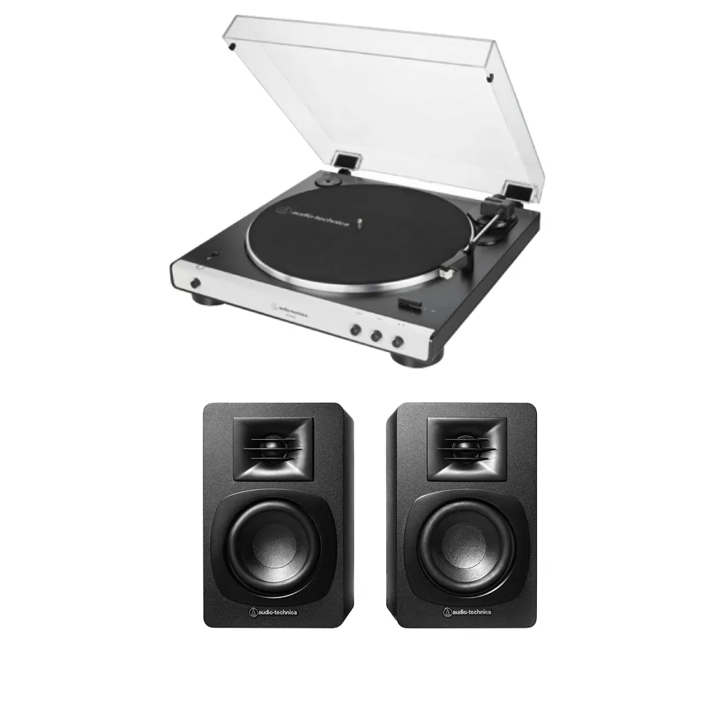 Audio Technica ATLP60XBT Fully Automatic Bluetooth Wireless Turntable White with AT-SP3X Powered Bookshelf Speakers HiFi Package