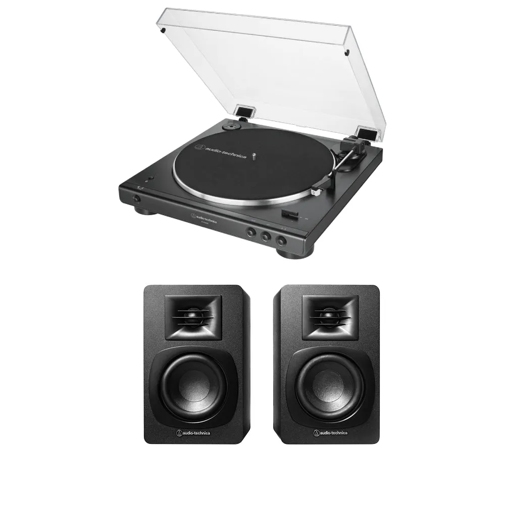 Audio Technica ATLP60XBT Fully Automatic Bluetooth Wireless Turntable with AT-SP3X Powered Bookshelf Speakers HiFi Package Black