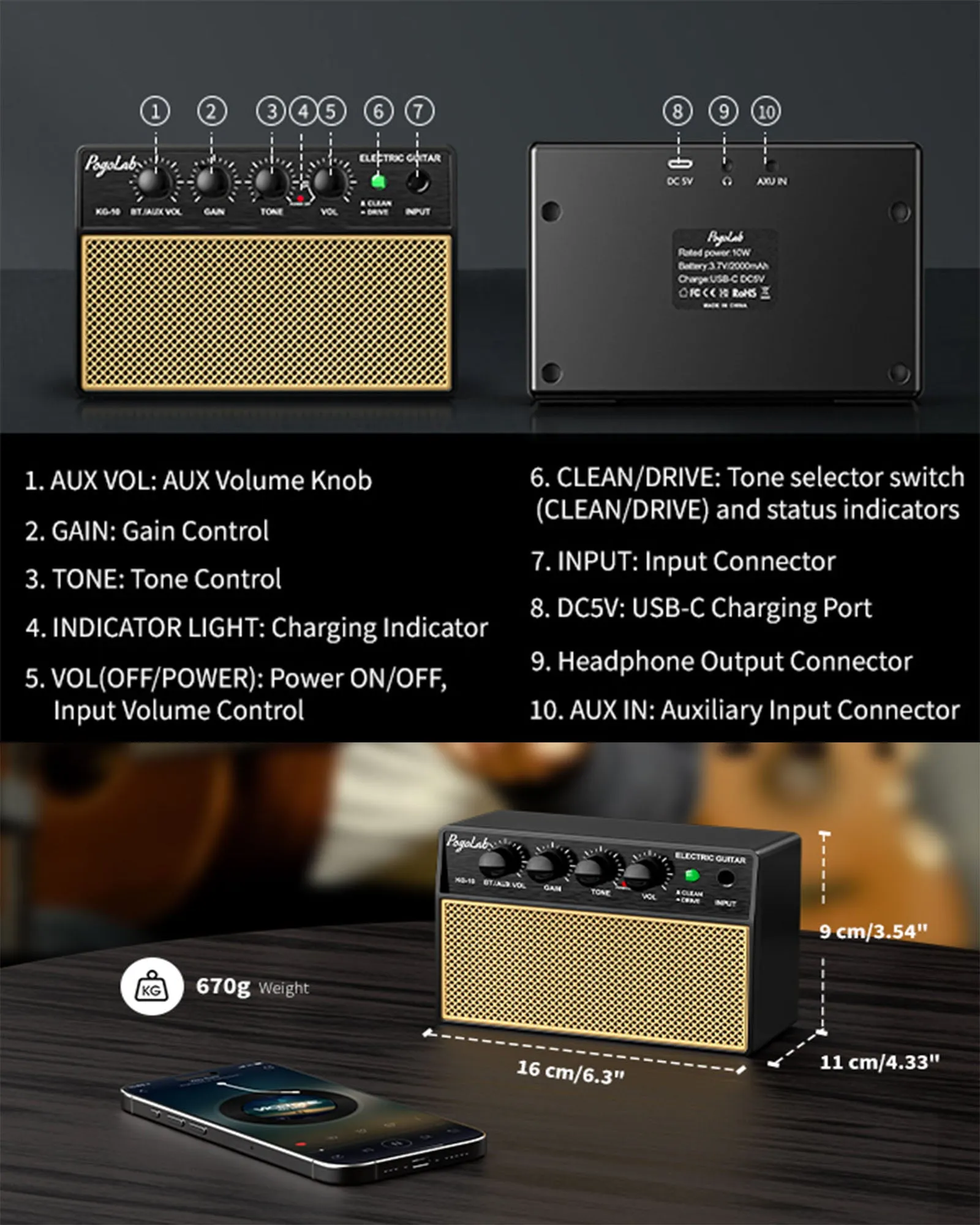 POGOLAB Mini Guitar Amp 10W Rechargeable Clean Overdrive Tone