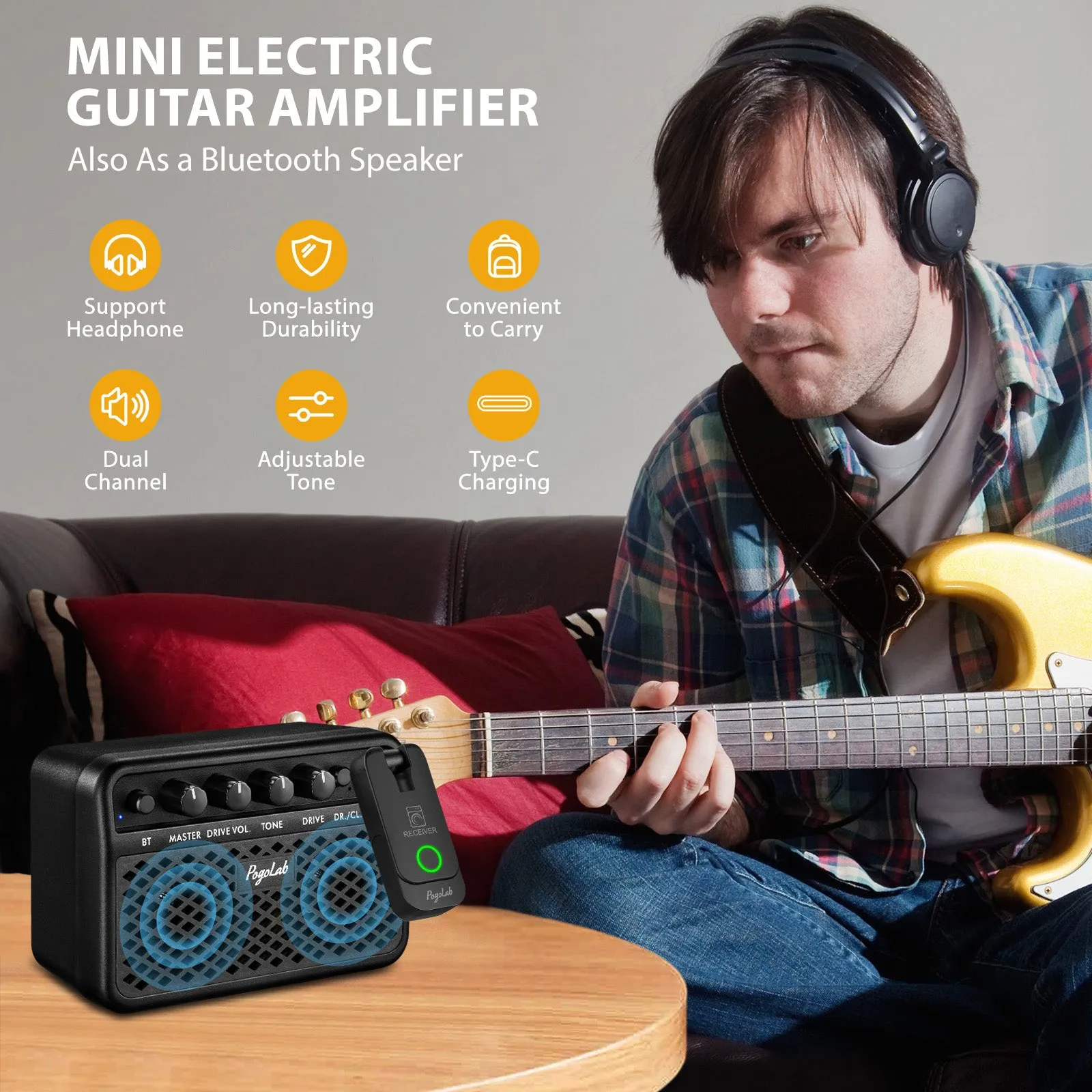 POGOLAB Mini Guitar Amp 5W Clean&Drive Effects 2 Channels Bluetooth w/ Headphone Jack