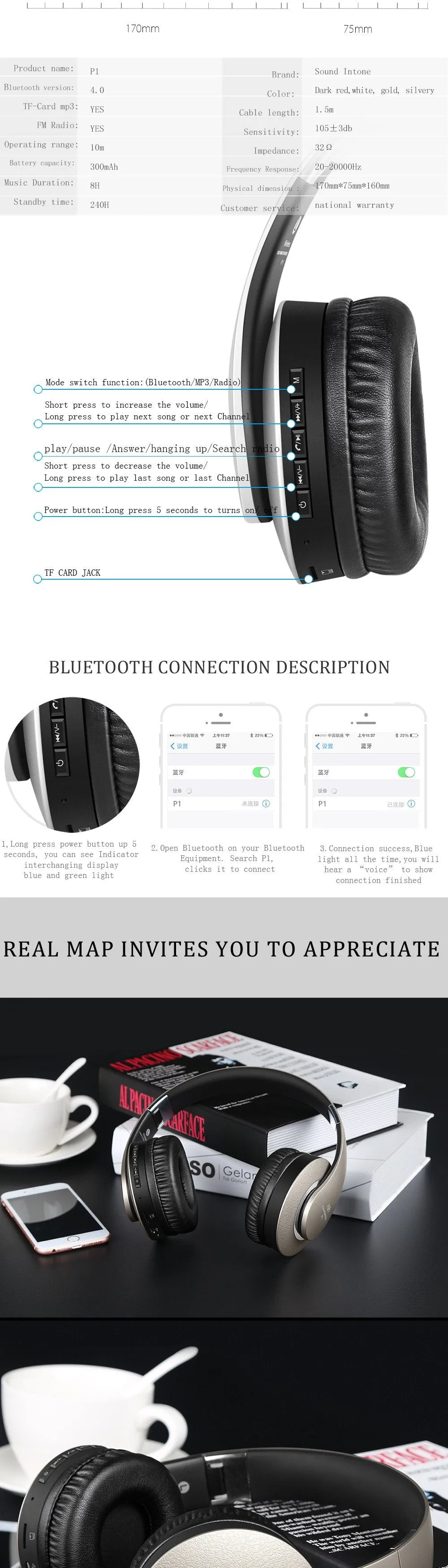 Sound Intone P1 Headphones Bluetooth Version 4.0