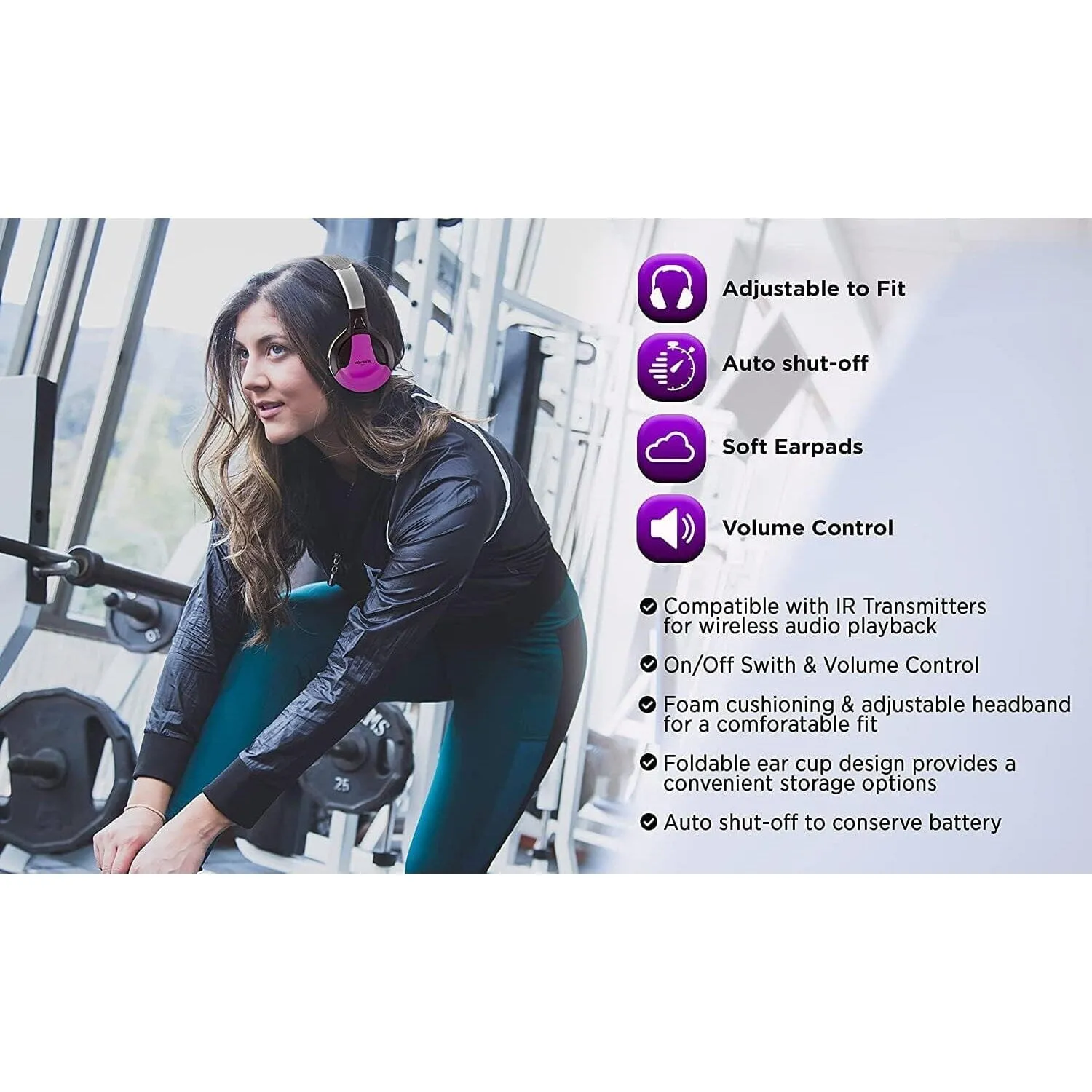 XO Vision IR630PR Universal IR Wireless Foldable Headphones - Bluetooth-Enabled Lightweight (Purple)